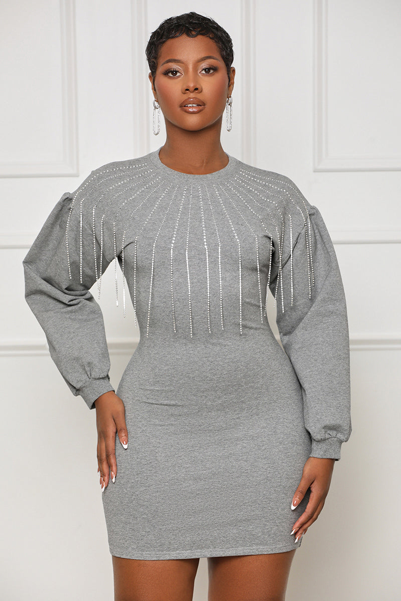 High Class Studded Sweater Dress (Grey) - Lilly's Kloset