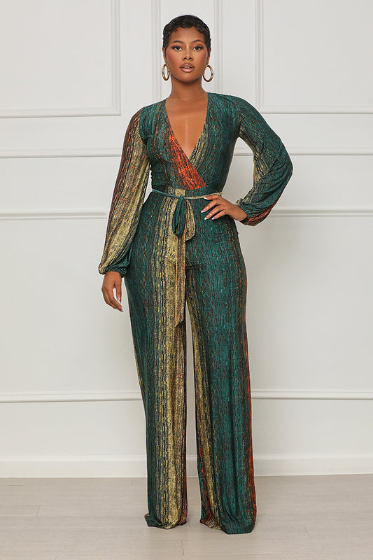 Please Hold Plunge Jumpsuit (Green Multi) - Lilly's Kloset