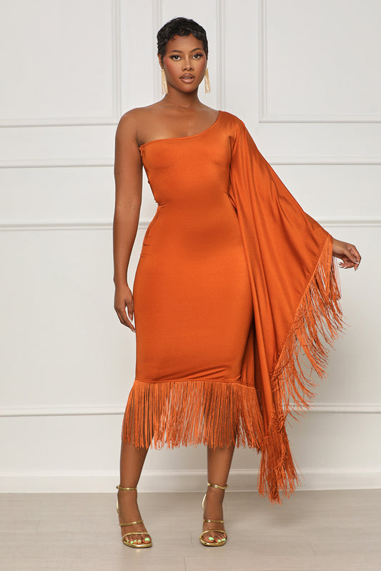 Look Again One Shoulder Fringe Dress (Orange) - Lilly's Kloset