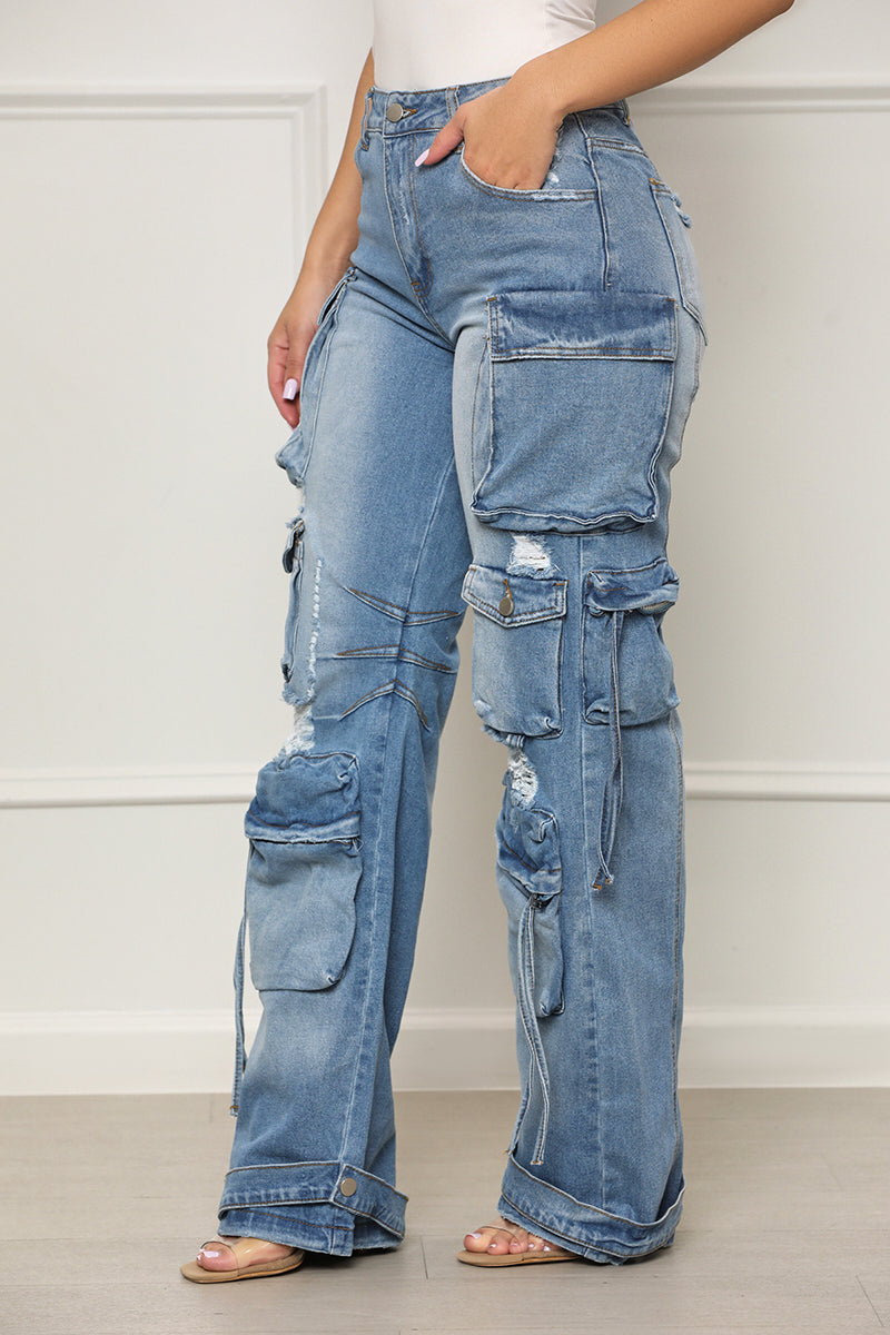 Always On Go Distressed Cargo Jeans (Medium Wash) - Lilly's Kloset