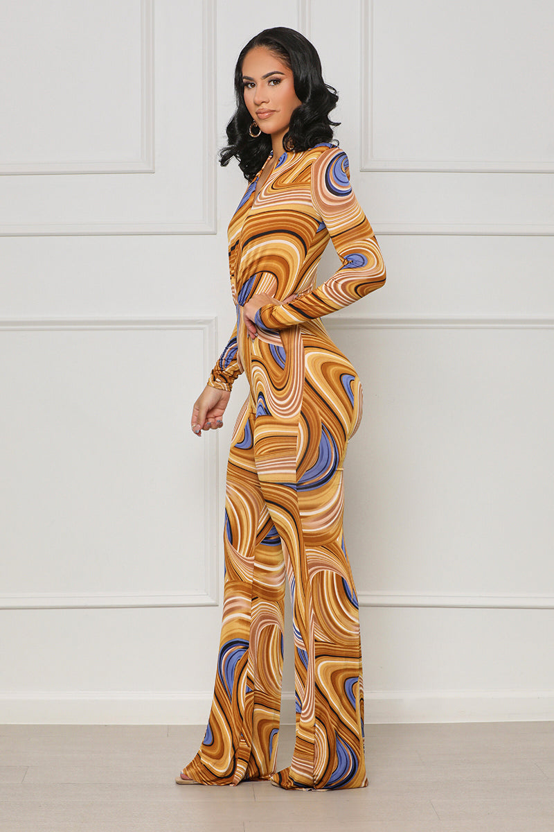 Cosmic Whirlwind Plunge Jumpsuit (Tan Multi) - Lilly's Kloset