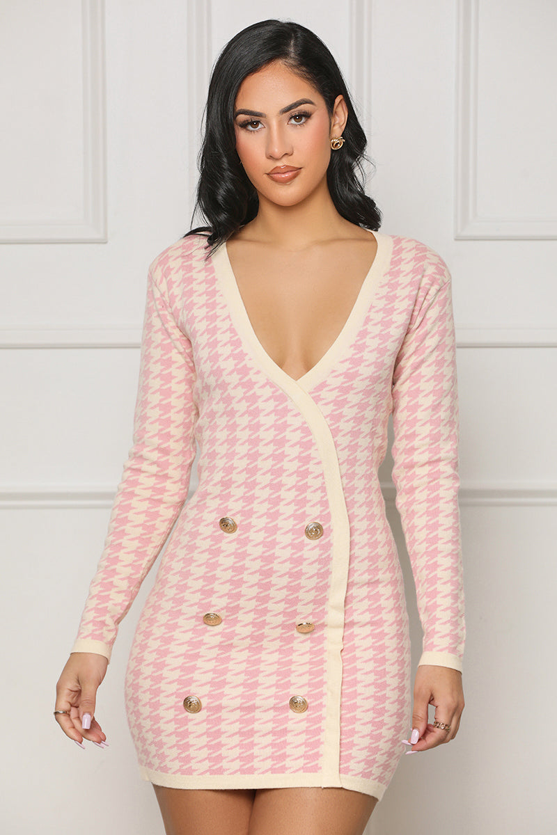 Vintage Chic Houndstooth Mini Dress (Pink Multi) - Lilly's Kloset