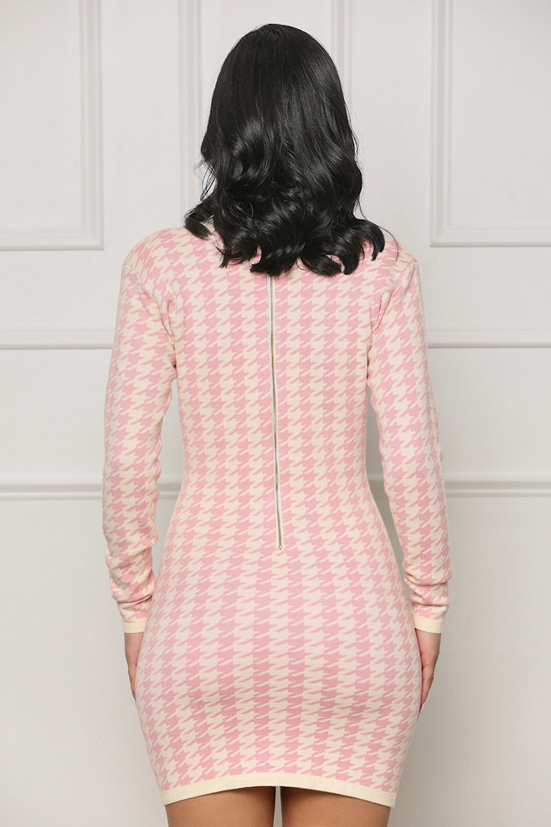 Vintage Chic Houndstooth Mini Dress (Pink Multi) - Lilly's Kloset