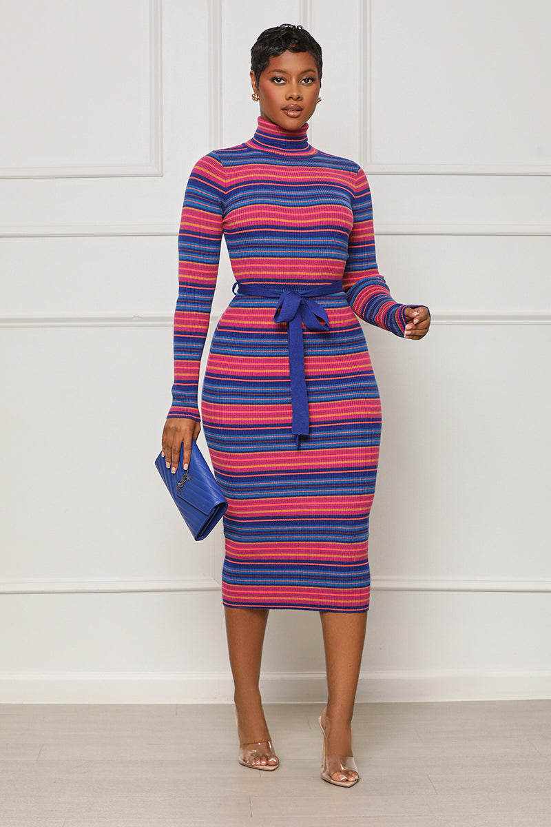 On The Go Striped Turtle Neck Dress (Blue Multi) - Lilly's Kloset