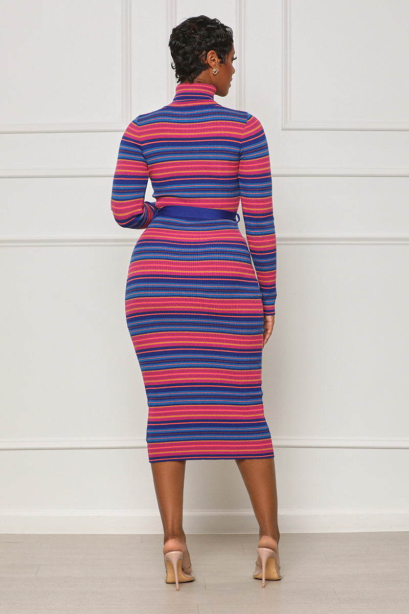 On The Go Striped Turtle Neck Dress (Blue Multi) - Lilly's Kloset