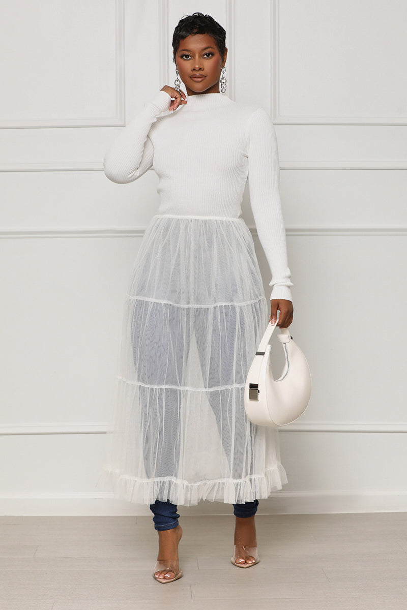 Cozy Mood Tulle Knit Top (White) - Lilly's Kloset