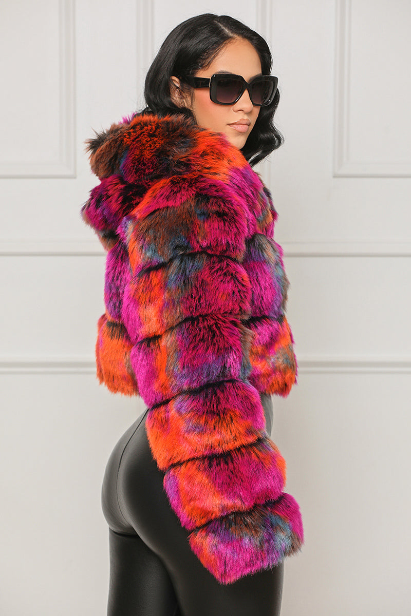 Wild Thing Hooded Faux Fur Coat (Purple Multi) - Lilly's Kloset