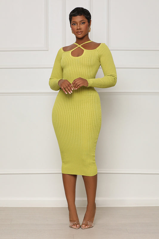 Twisted Season Ribbed Knit Dress (Green) - Lilly's Kloset
