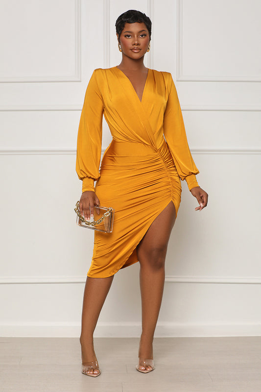In A Ruched Asymmetrical Midi Dress (Yellow)