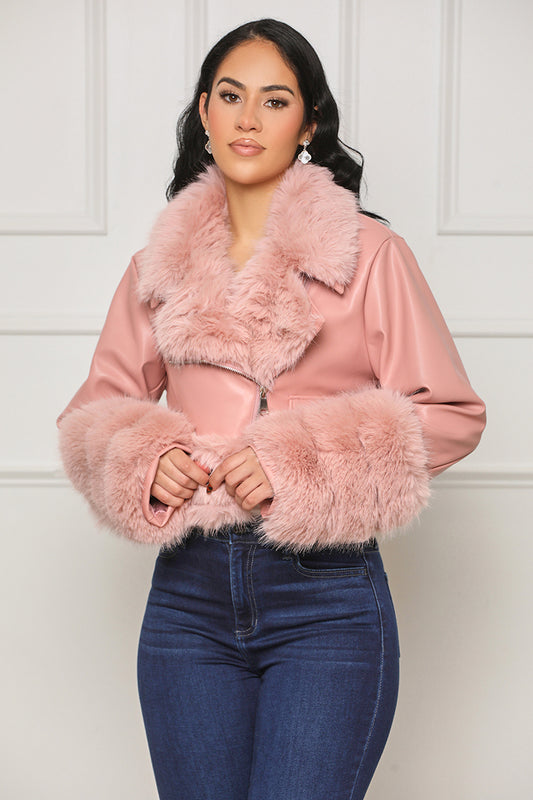 As Usual Faux Leather & Fur Crop Jacket (Pink)