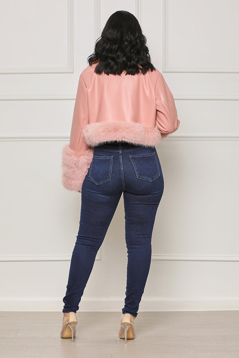 As Usual Faux Leather & Fur Crop Jacket (Pink) - Lilly's Kloset