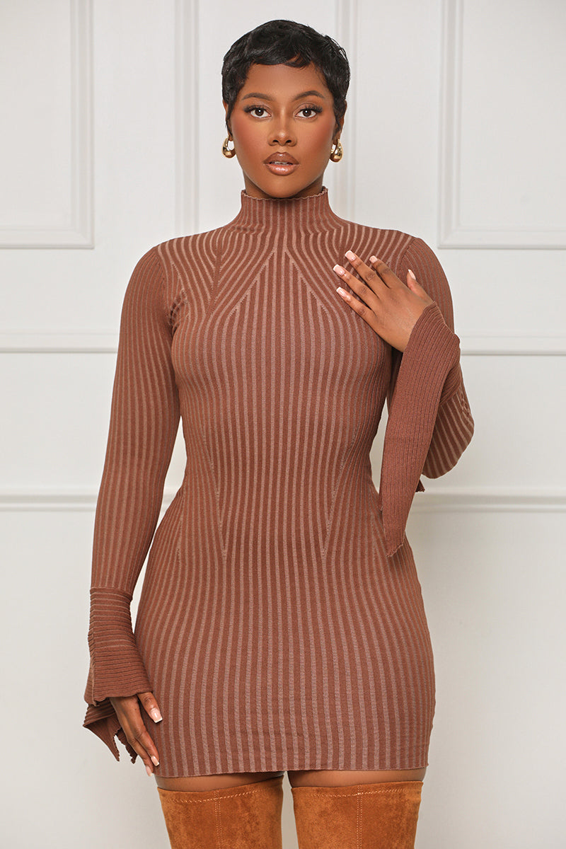 Tell Me More High Neck Mini Dress (Brown) - Lilly's Kloset