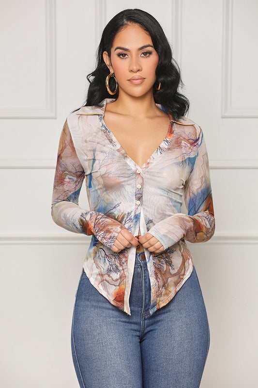 Casually Ready Mesh Top (Tan Multi) - Lilly's Kloset
