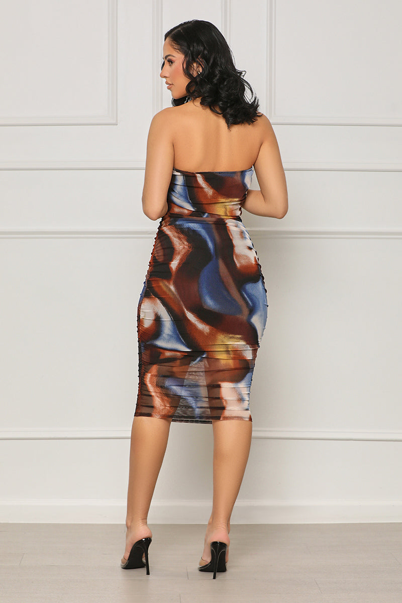 Full Of Thrills Ruched Watercolor Dress (Brown Multi) - Lilly's Kloset