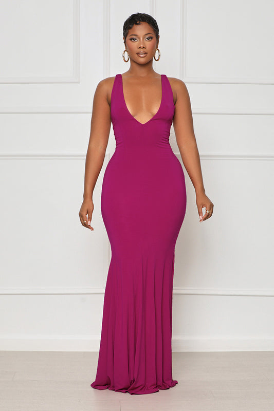 Nights With You Plunge Maxi Dress (Fuchsia) - Lilly's Kloset