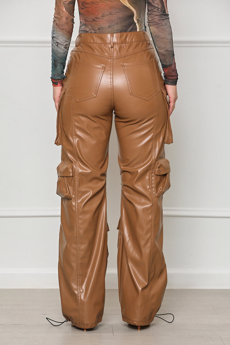Never Too Late Faux Leather Cargo Pants (Brown)