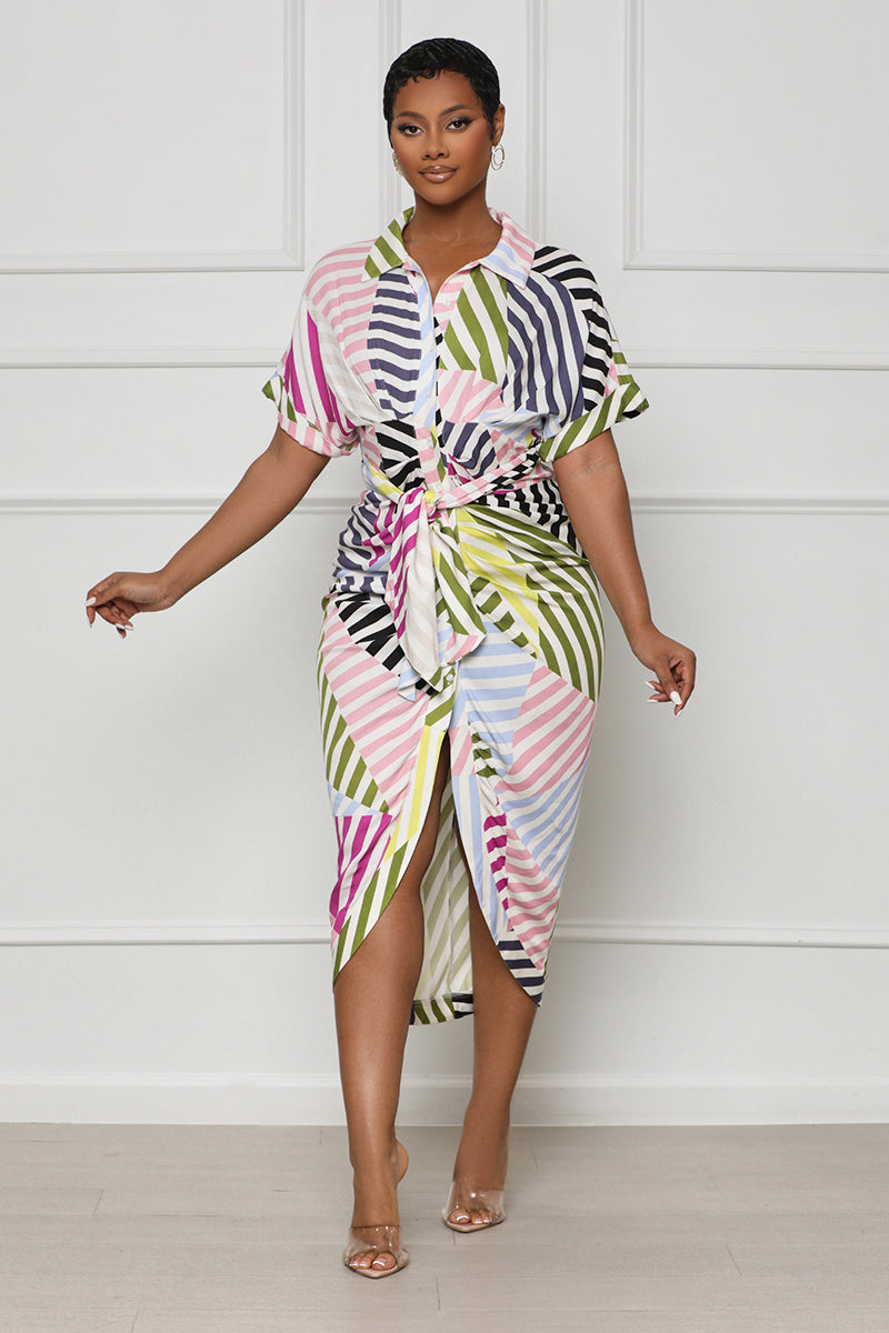Stripes For Days Button Up Midi Dress (Pink Multi)