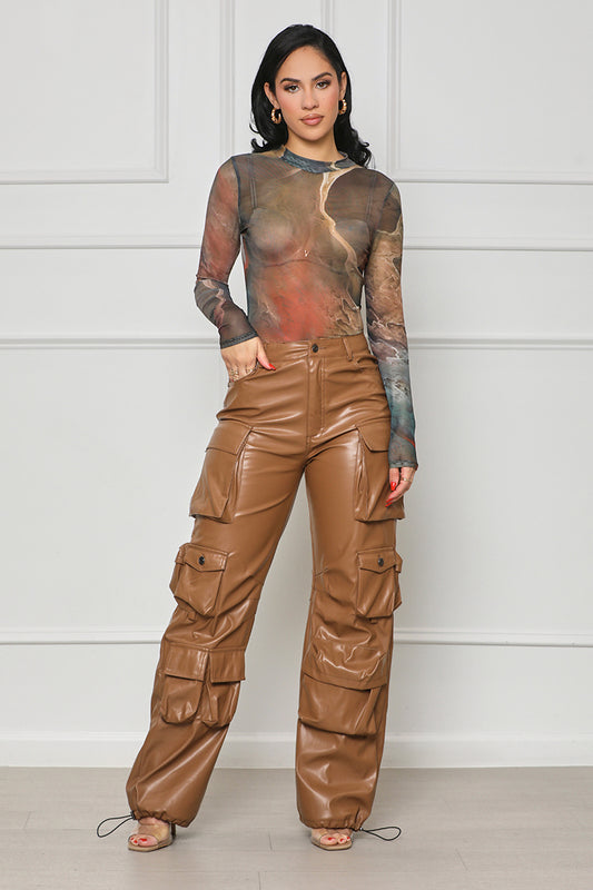 Never Too Late Faux Leather Cargo Pants (Brown)