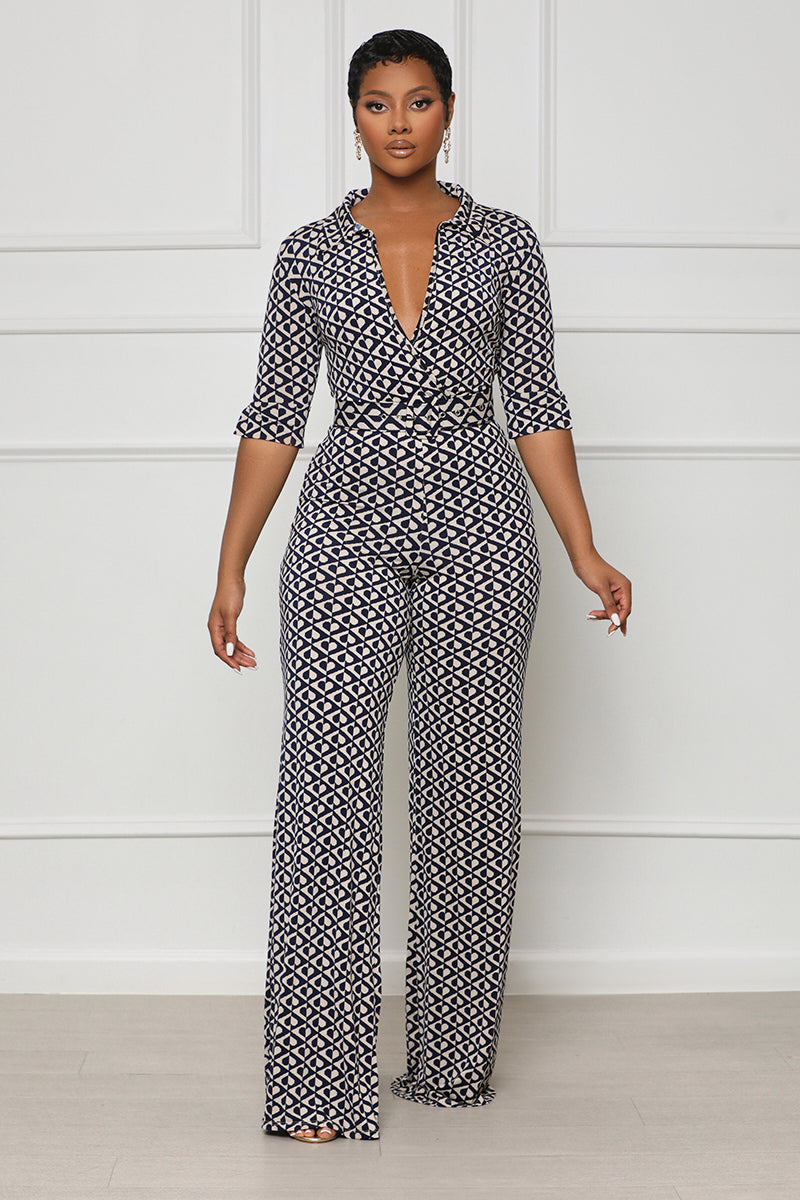 Take Me There Belted Jumpsuit  (Blue Multi)