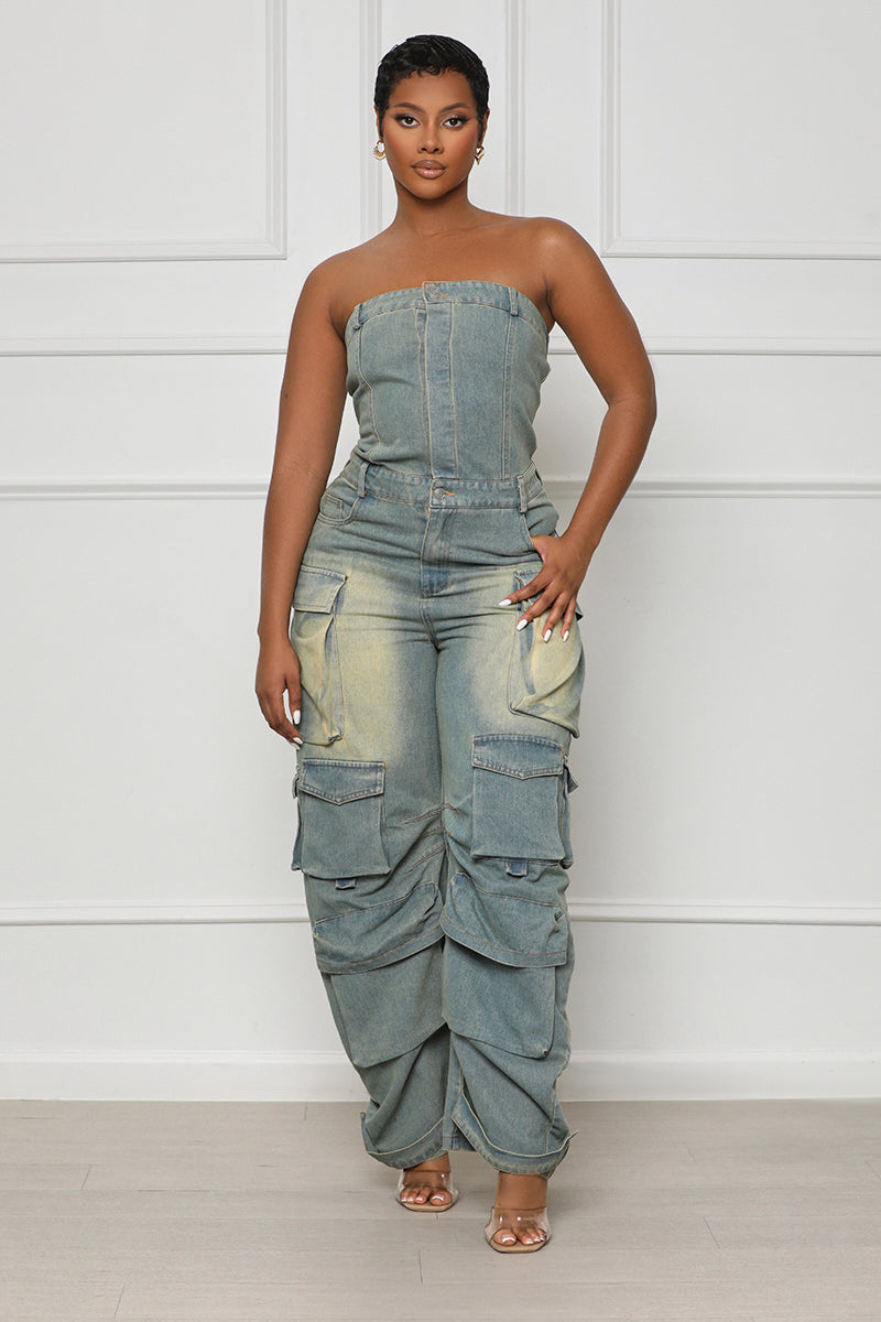 Never Too Late Strapless Cargo Jumpsuit