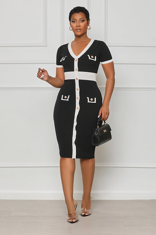Keep It Classy Button Up Midi Dress (Black Multi)