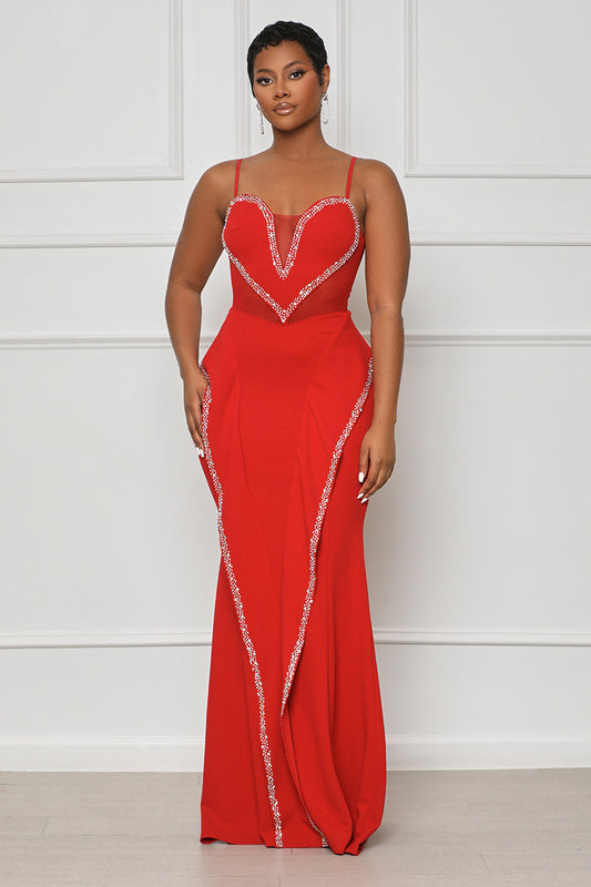 Key To Your Heart Embellished Maxi Dress (Red)