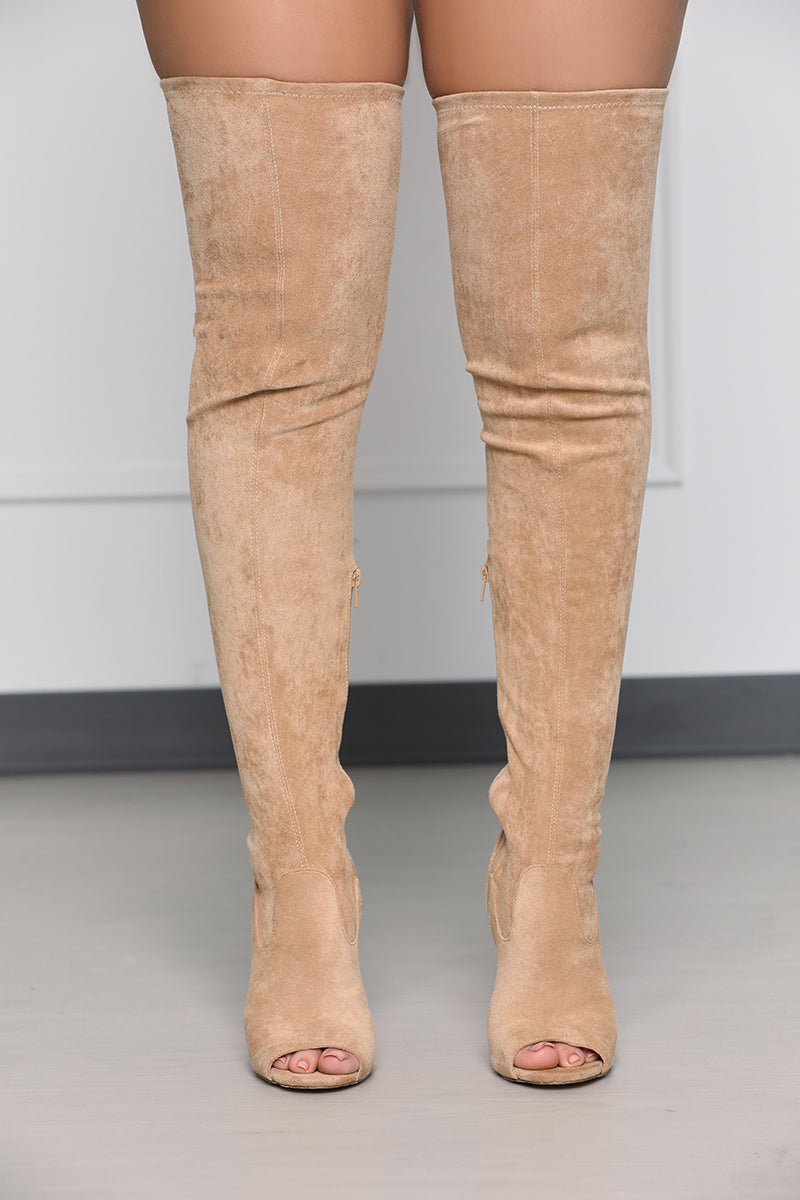 Lori Thigh High Peep Toe Boot (Taupe)- FINAL SALE - Lilly's Kloset