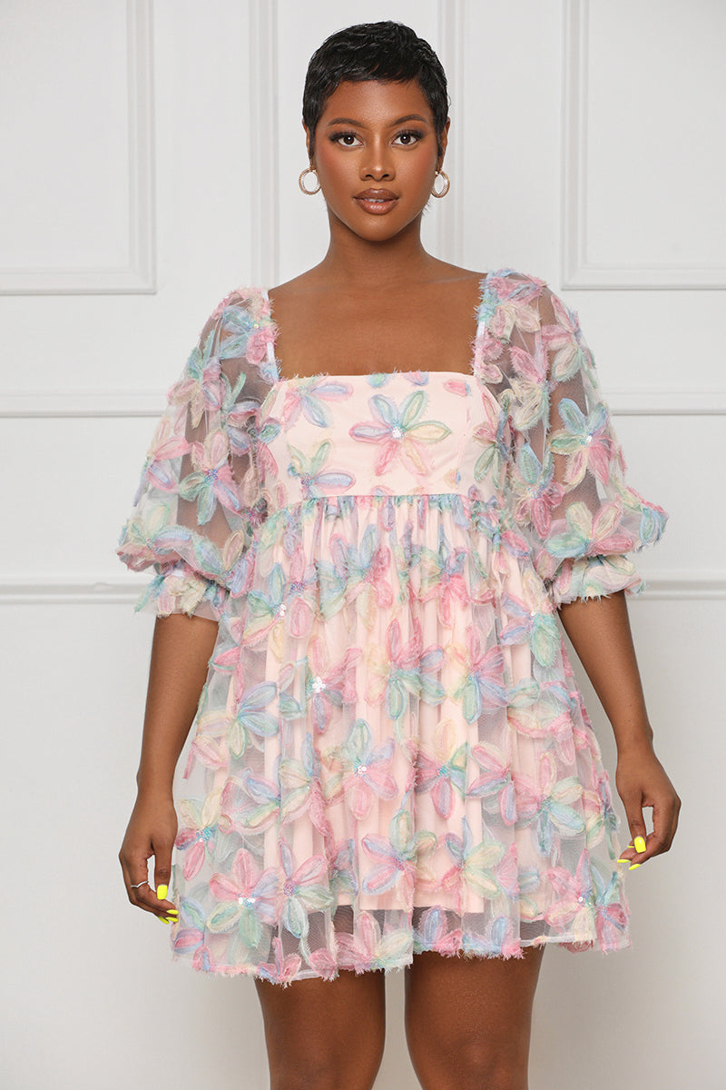 Fancy Floral Mesh Babydoll Dress (Pink Multi) - Lilly's Kloset