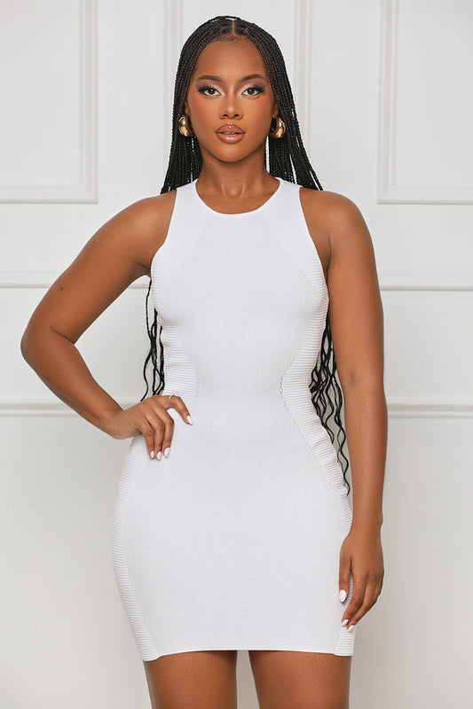 Sophisticated Style Ribbed Dress (White) - Lilly's Kloset
