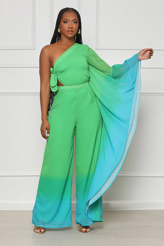 Feeling Martini's One Shoulder Ombre Jumpsuit (Green Multi) - Lilly's Kloset