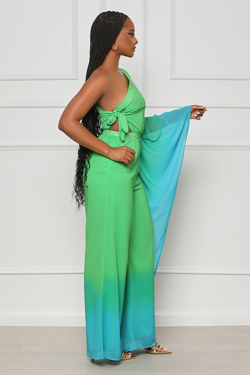 Feeling Martini's One Shoulder Ombre Jumpsuit (Green Multi) - Lilly's Kloset