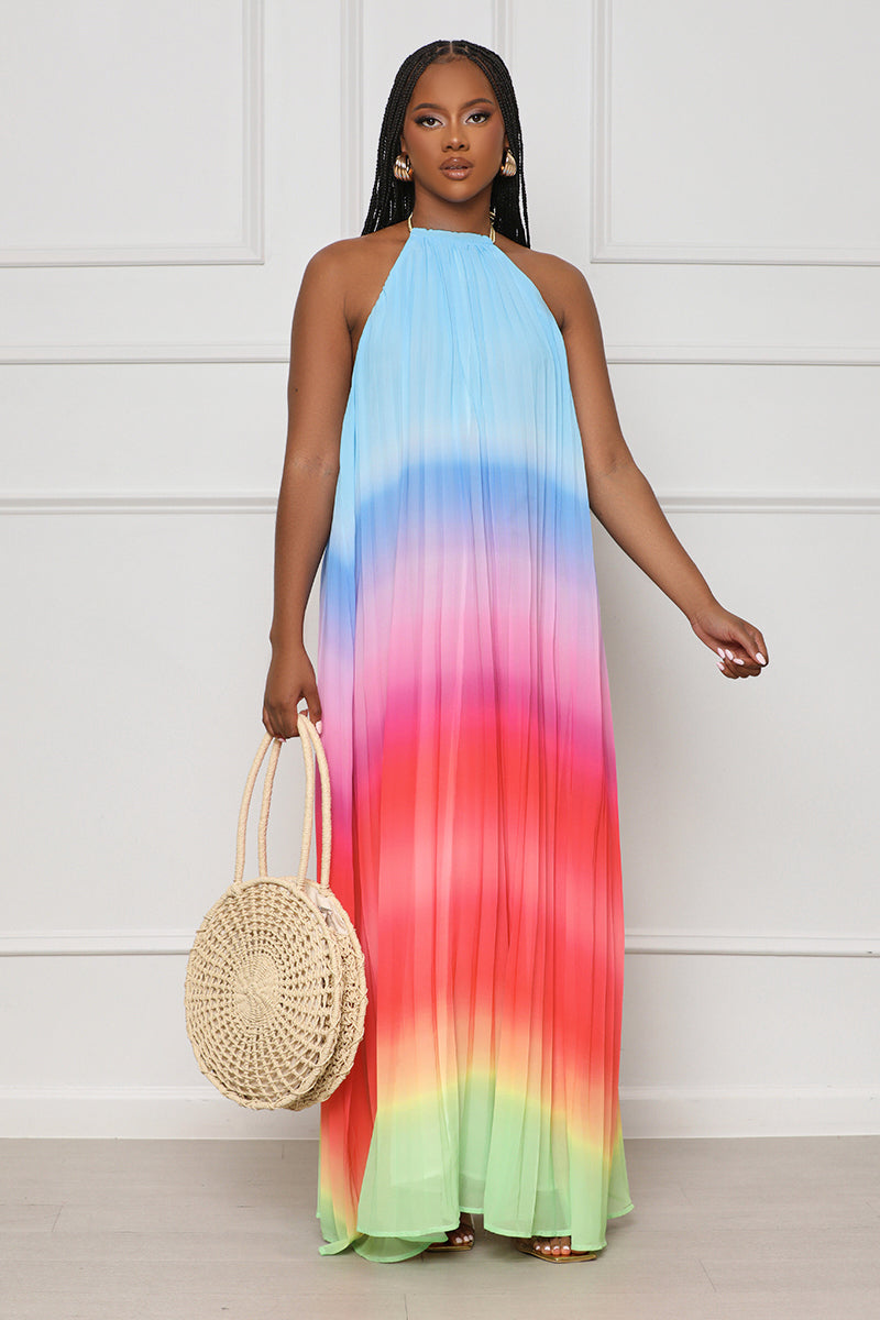 Dancing Desire Pleated Ombre Maxi Dress (Red Multi) - Lilly's Kloset