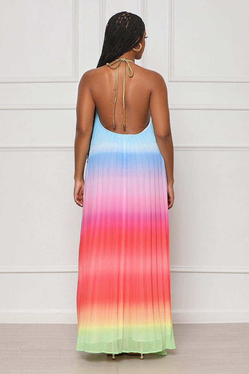 Dancing Desire Pleated Ombre Maxi Dress (Red Multi) - Lilly's Kloset