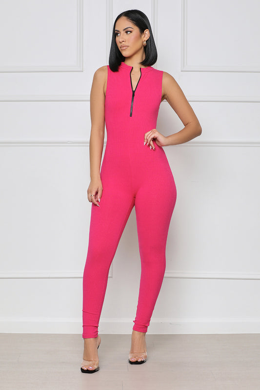 Sport Mode Contoured Ribbed Jumpsuit (Pink) - Lilly's Kloset