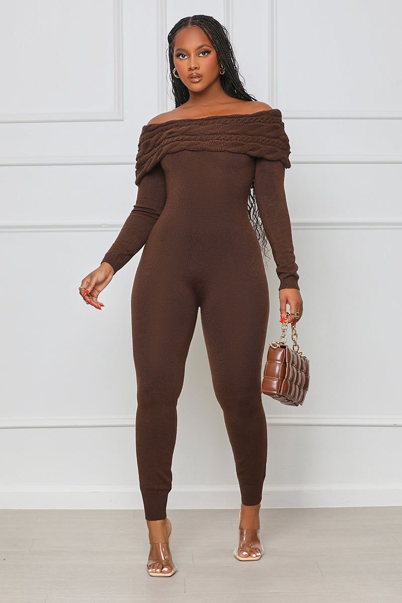 Fall Fever Off Shoulder Jumpsuit (Brown) - Lilly's Kloset