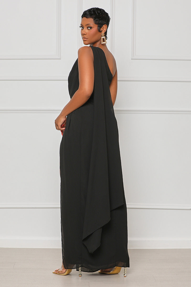 High Slit One Shoulder Maxi Dress (Black) - Lilly's Kloset