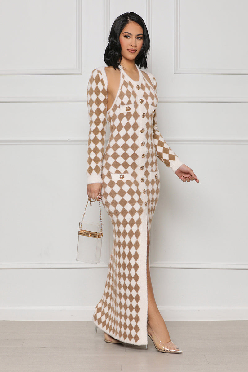 Exclusive Checkered Dress & Shrug Set (Nude Multi) - Lilly's Kloset