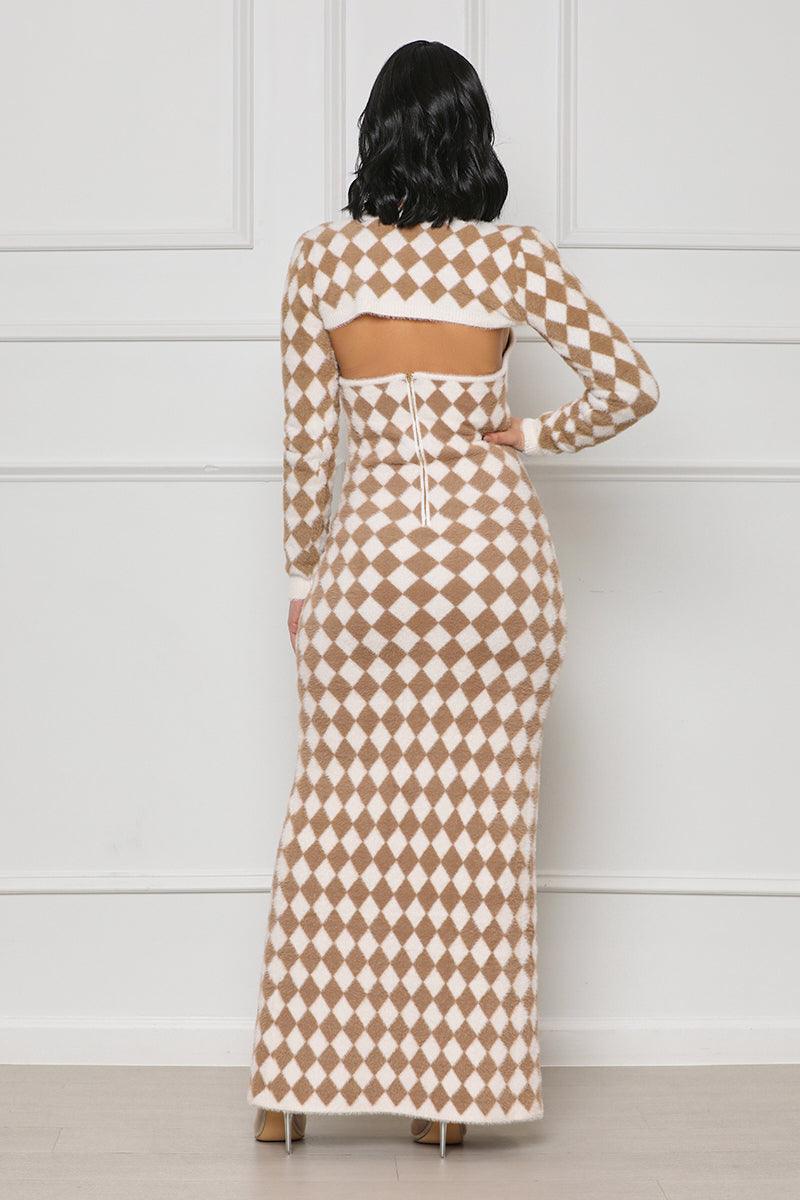 Exclusive Checkered Dress & Shrug Set (Nude Multi) - Lilly's Kloset