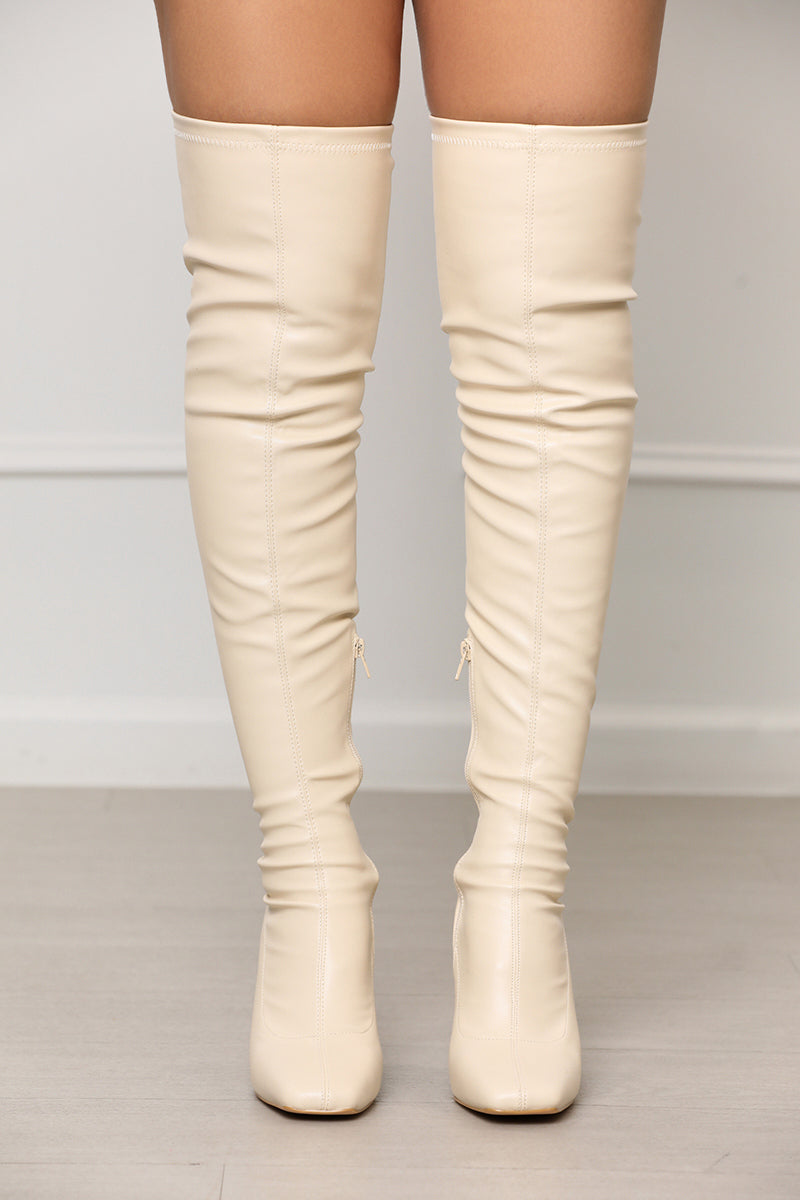 Icon Faux Leather Thigh High Boots (Ivory) - Lilly's Kloset