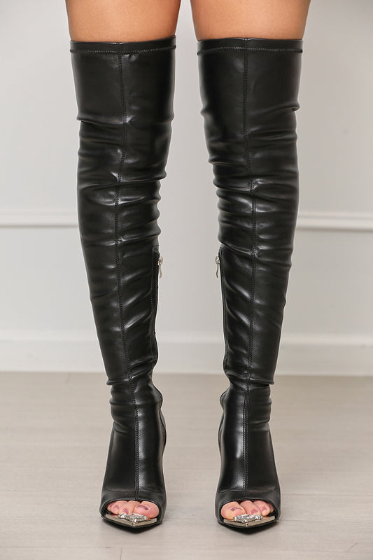 Clover Peep Toe Thigh High Boots (Black) - Lilly's Kloset