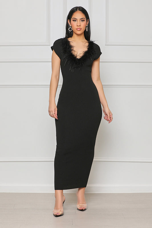 Loud Whispers Feathered Ribbed Dress  (Black) - Lilly's Kloset