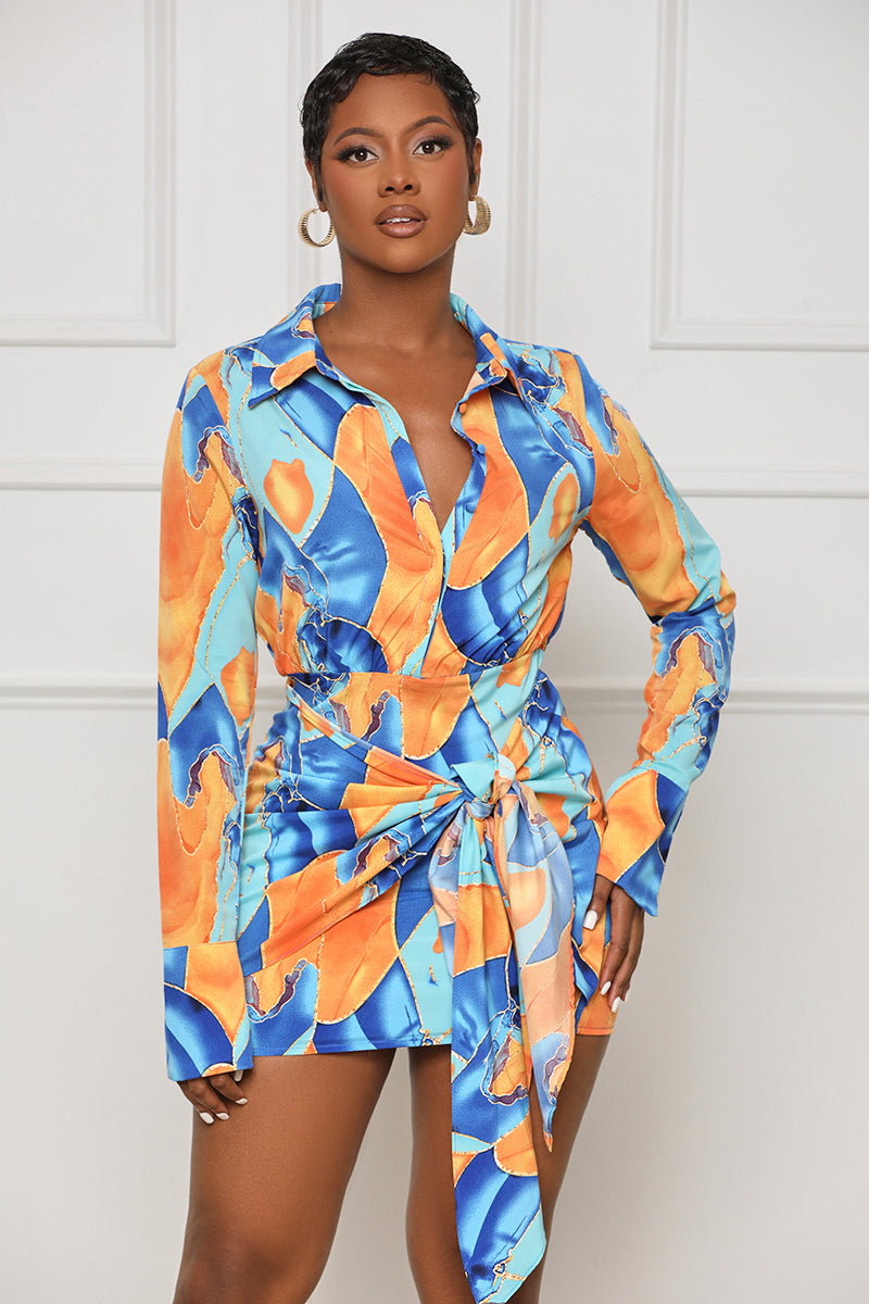 Miss Connected Abstract Wrap Dress (Blue Multi) - Lilly's Kloset